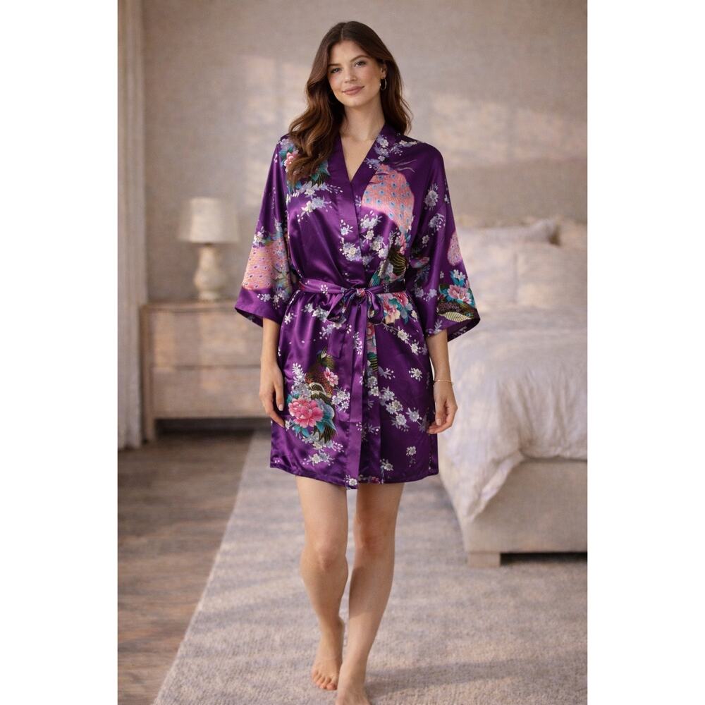 Purple Peacock Satin Kimono Robe Short romantic Bridal Lounge Coverup Small